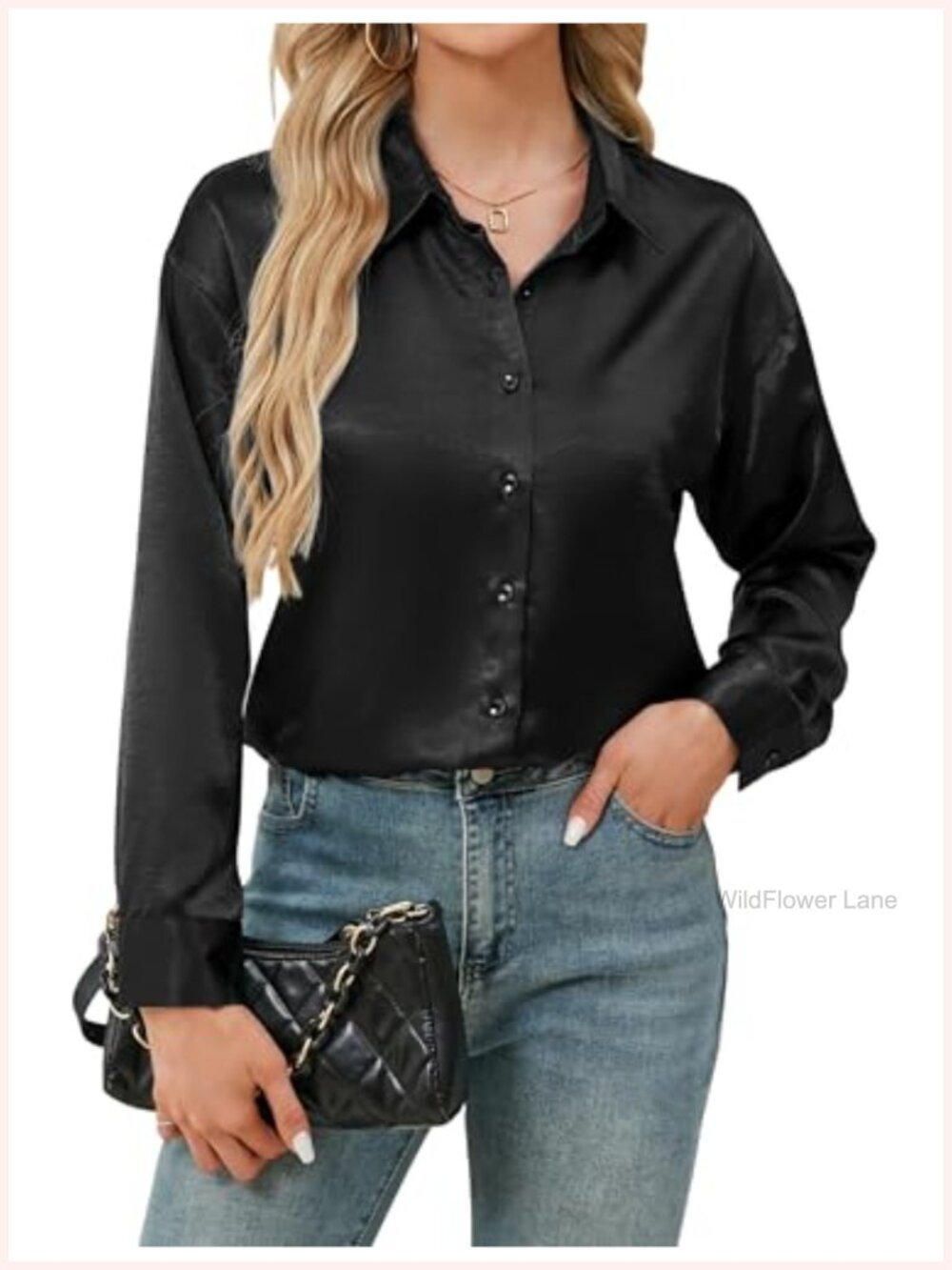 Satin Silk Button Down Long Sleeve Blouse for Work Office
